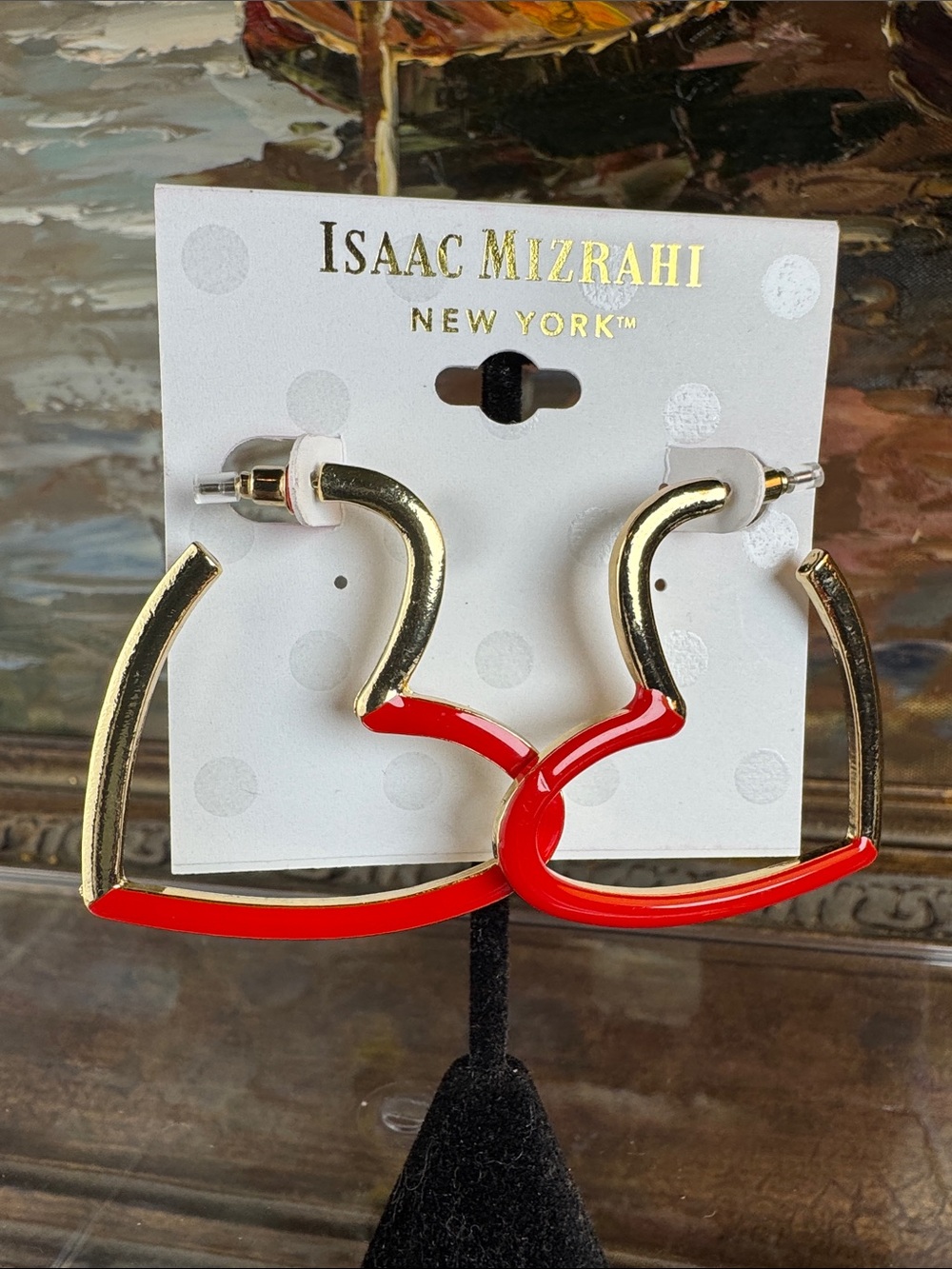 0604-Isaac Mizrahi‎ Gold and Red Curved Hoop Earrings